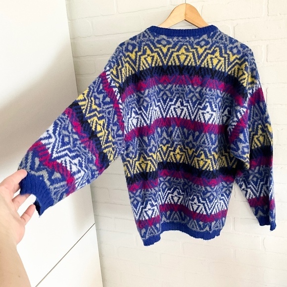 Vintage Knit Sweater Benetton Fair Isle Southwestern Cobalt blue Mohair - Picture 9 of 11